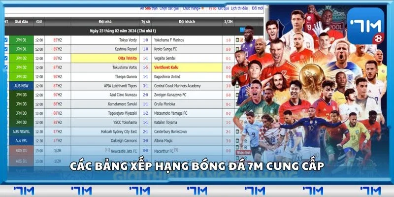 Các bảng xếp hạng bóng đá 7m cung cấp